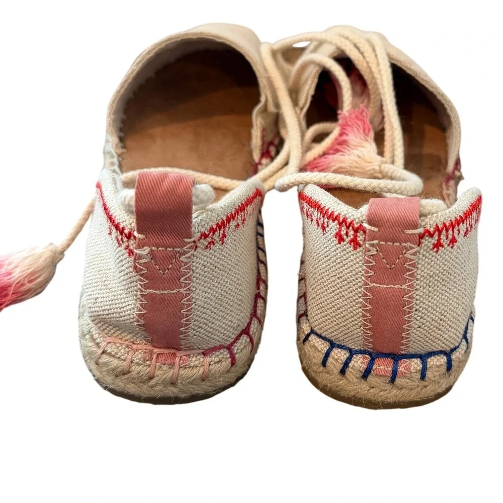 TOMS Valencia Espadrille Flats Cream Canvas Ankle Tie Tassel Womens 8.5